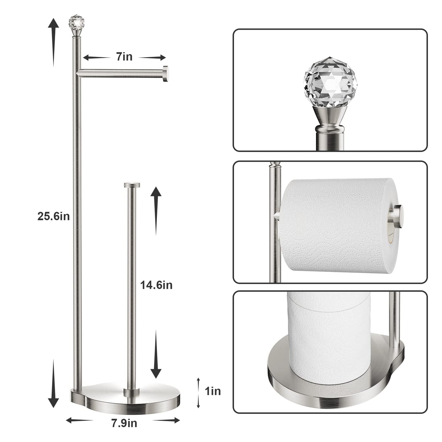 Weighted Freestanding Toilet Paper Holder – Metal Bathroom Stand with Crystal Accent