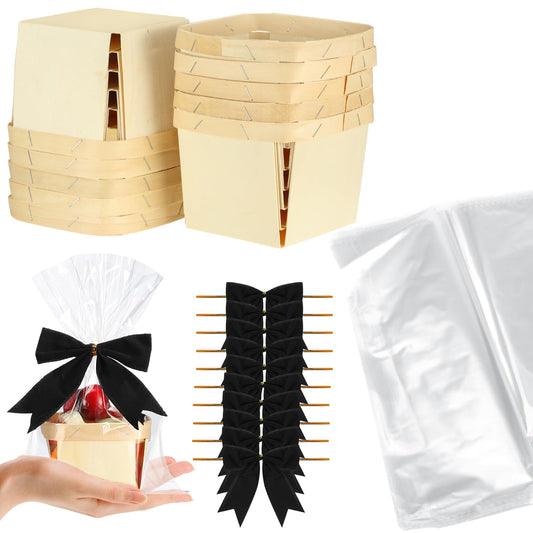 Yerliker 10 Set Wooden Mini Baskets for Gifts Empty 4 Inches Small Baskets Berry Basket Bows Clear Treat Bags Set for DIY Picking Wedding Birthday Easter(White,Satin)