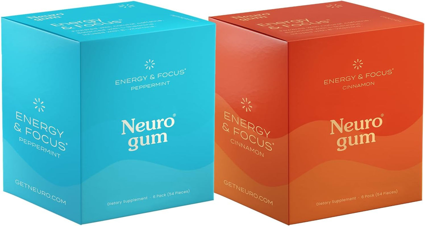 NeuroGum Energy Caffeine Gum (108 Pieces) - Sugar Free with L-theanine + Natural Caffeine + Vitamin B12 & B6 - Nootropic Energy & Focus Supplement for Women & Men - Peppermint & Cinnamon Flavor