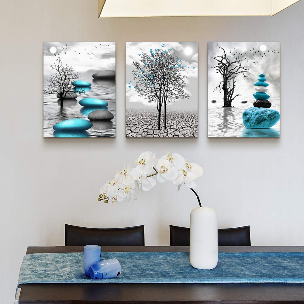 Canvas Wall Art for Living Room Wall Decor for Bedroom Bathroom Black and White Paintings Modern 3 Piece Framed Canvas Art Prints Ready to Hang Inspirational Abstract Blue Pictures Home Decorations