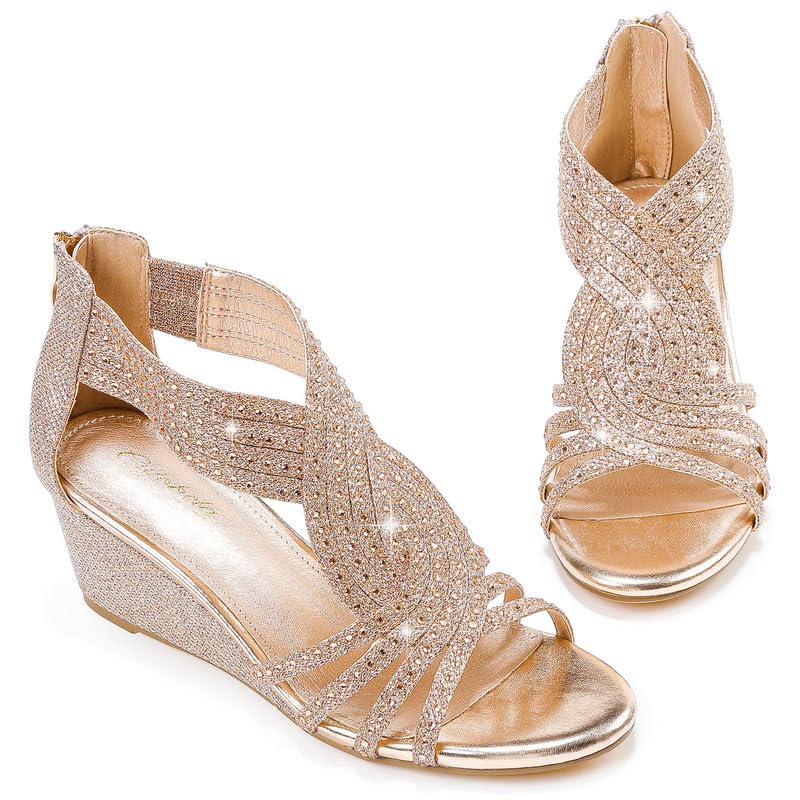 Damen Keilsandalen mit glitzernden Strasssteinen, offene Zehenpartie, modische, elegante Sandalen für Abendveranstaltungen, Hochzeiten und Abschlussbälle 