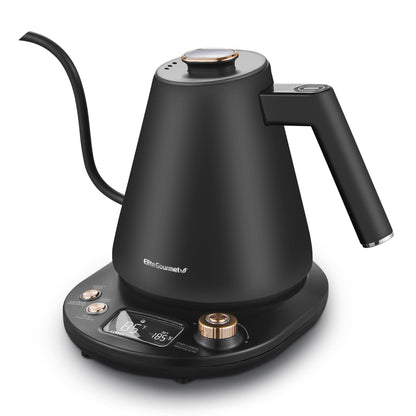 Elite Gourmet 1L Gooseneck Digital Kettle – 13 Temp Settings, Keep Warm, Cordless, Matte Black Copper