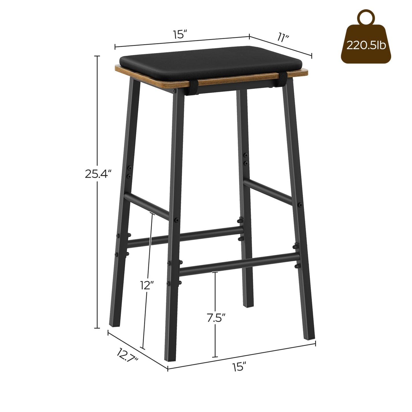 Tabourets de bar, lot de 2 chaises de bar, tabourets de hauteur de comptoir, tabourets de bar rembourrés pour petit-déjeuner, pour salle à manger, îlot de cuisine, taverne, noir BY02L2BK 