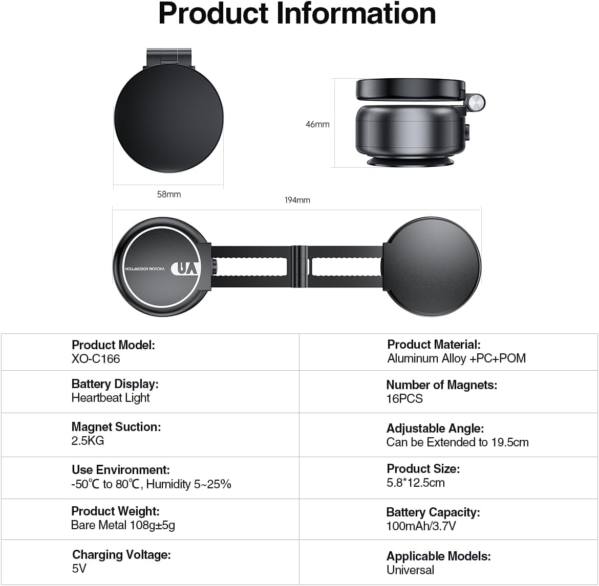 Vacuum Suction Magnetic Car Phone Holder, Adjustable Electric Magnetic Phone Holder Mount for Car, Foldable Strong Suction Car Holder Mount for iPhone16/15/14/13/12,Shower/Car/Mirror(Not Charge Phone)