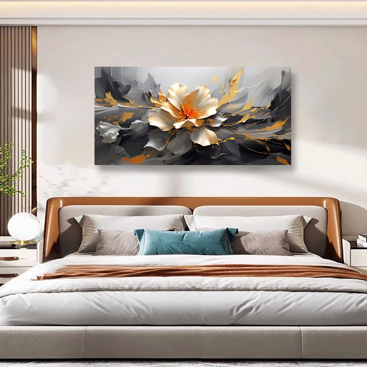 Peinture à l'huile abstraite moderne sur toile représentant un lotus doré, décoration murale pour salon, bureau, chambre à coucher, 50,8 x 101,6 cm 