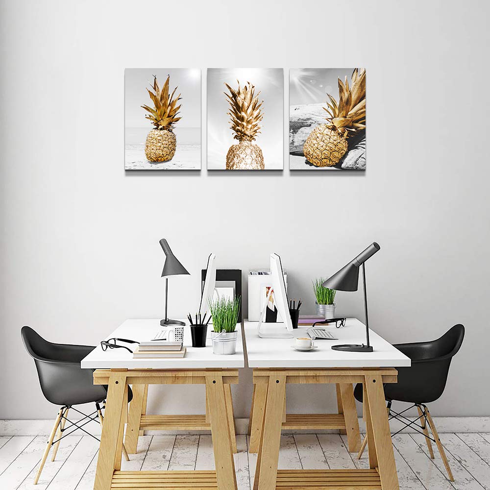 TTHYUEWS Canvas Wall Art for bar kitchen Living Room Office Bathroom home decoration Board Black and white Beach scenery golden Pineapple pictures Artwork restaurant Wall Decor Ready to Hang