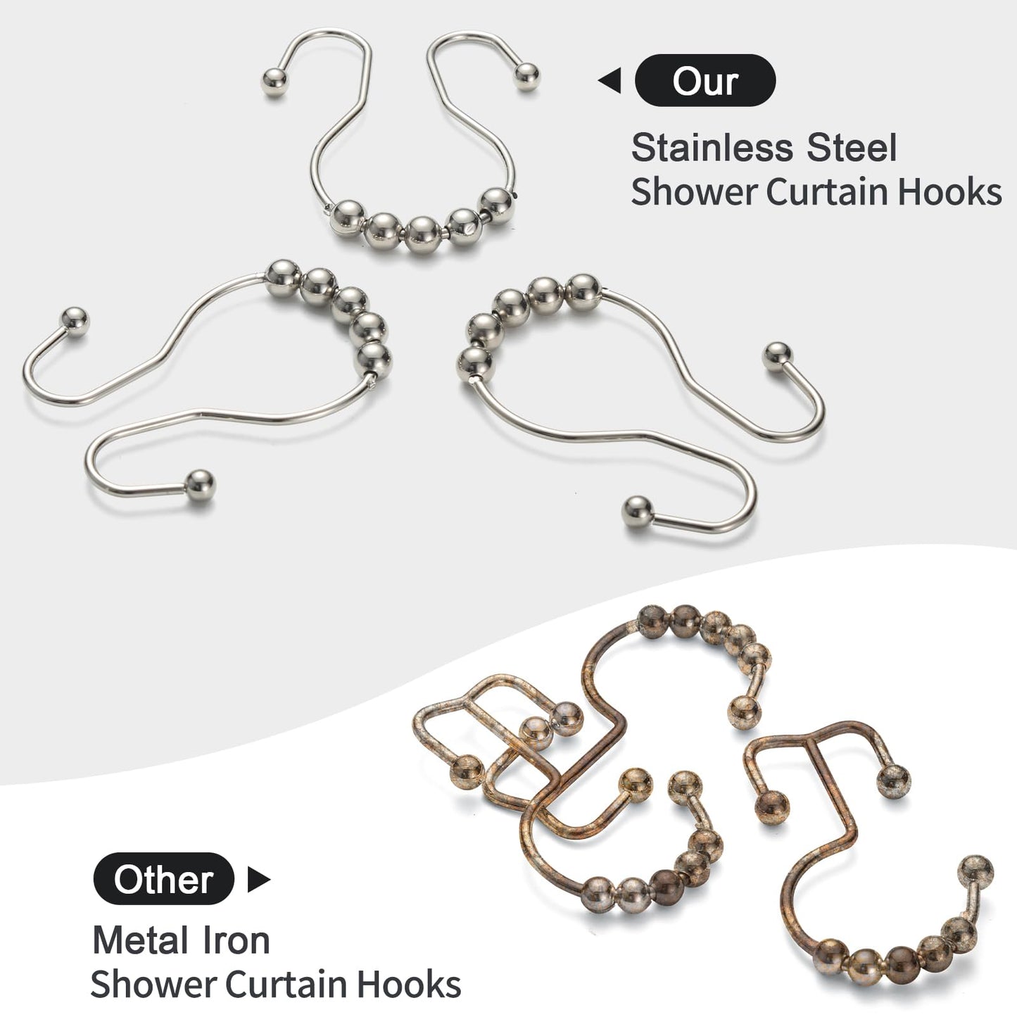 Goowin Shower Curtain Hooks, 12 Pcs Shower Curtain Rings, Stainless Steel Bronze Shower Curtain Hooks Rings Rust Proof, Balance Sliding Anti-Drop Double Shower Hooks for Shower Curtain Rod (Bronze)