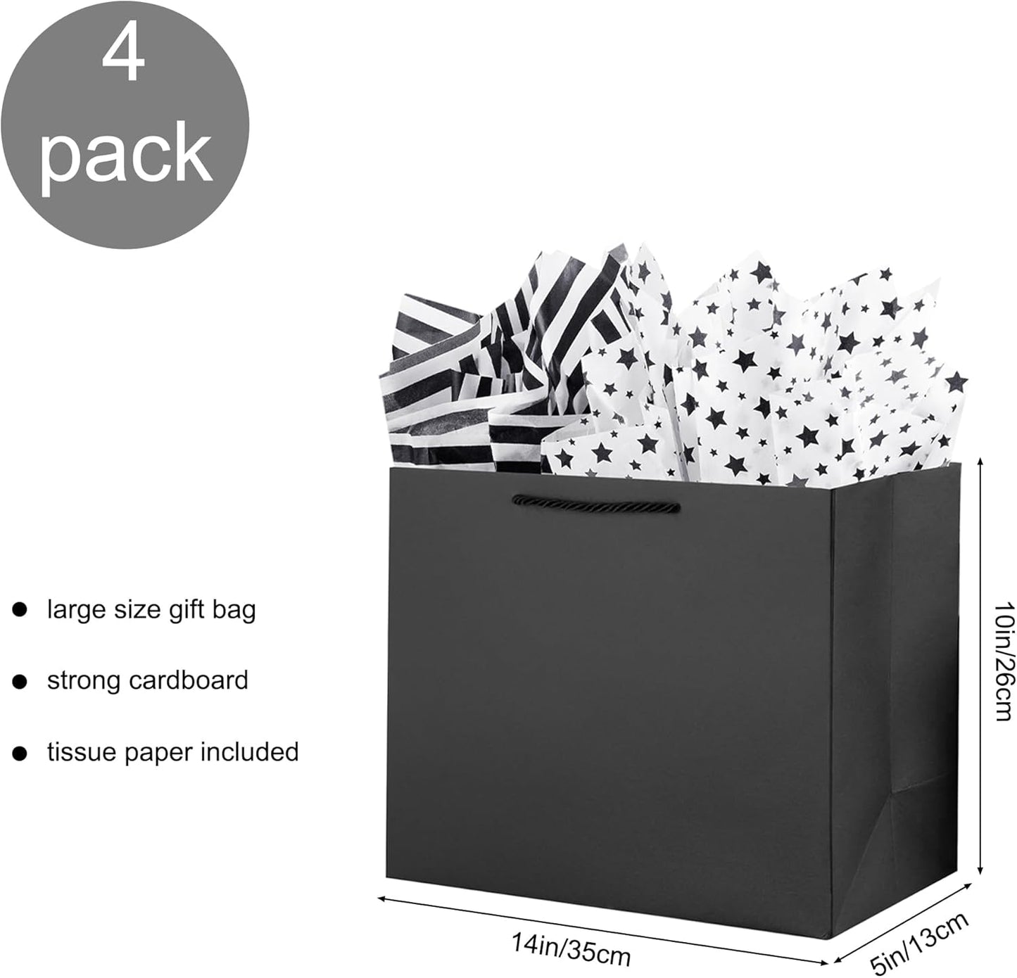 OfficeCastle 4 Pack Large Black Gift Bags, Large Gift Bags with Silver Tissue Paper, Gift Bags for Small Business, 14x5x10in/35x13x26 cm, Black Paper Bags with Handles