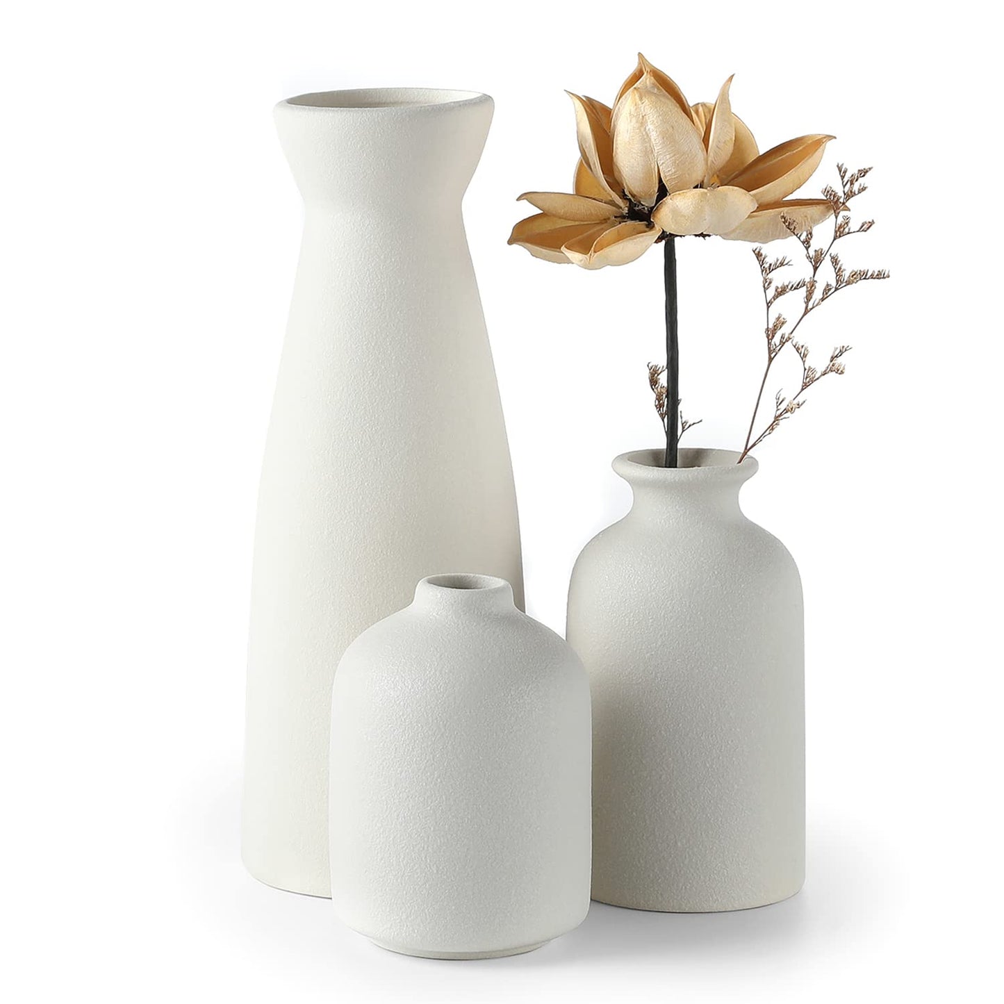 CEMABT Beige Ceramic vase Set-3 Small Flower vases for Decor,Modern Boho Farmhouse Home Decor,Decorative vase for Pampas Grass&Dried Flowers,idea Shelf,Table,Bookshelf ，Entryway- Distressed