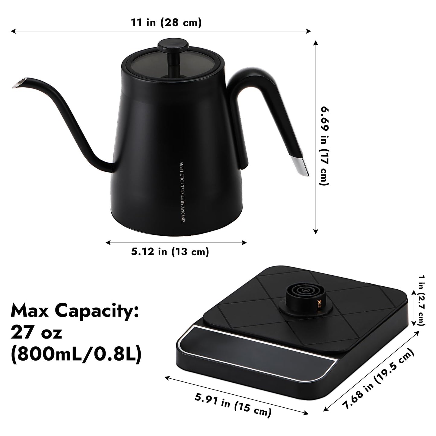 Bouilloire électrique à col de cygne de 27 oz avec contrôle de température de ± 1 ℉, bouilloire à verser pour café et thé, chaudière à eau chaude en acier inoxydable, 1200 W/0,8 L (noir) 