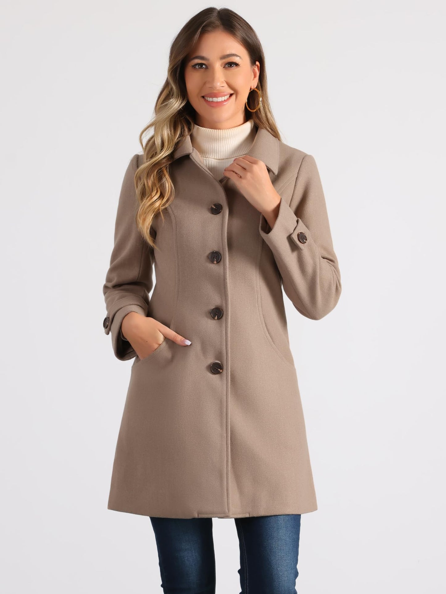 Allegra K Damen Winter Oberbekleidung Mantel Peter Pan Kragen Mitte Oberschenkel A-Linie Einreihig Pea Coat