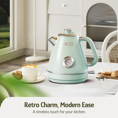 Hazel Quinn Retro Electric Kettle - 1.7 Liters / 57.5 Ounces Tea Kettle with Thermometer, All Stainless Steel, 1200 Watts Fast Boiling, BPA-free, Cordless, Automatic Shut Off.