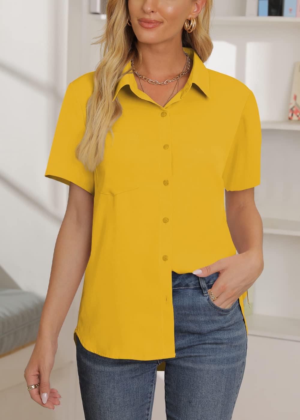 AISEW Damen Casual Button-Down-Hemden V-Ausschnitt Chiffon Lang-/Kurzarm Kragen Büro Arbeitsblusen Tops mit Tasche 