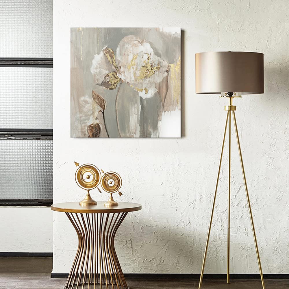 Goldfoilart Décoration murale florale moderne en fleurs blanches avec peintures en feuille d'or, œuvres d'art encadrées pour salon, chambre à coucher, cuisine, 61 x 61 cm x 2 pièces 