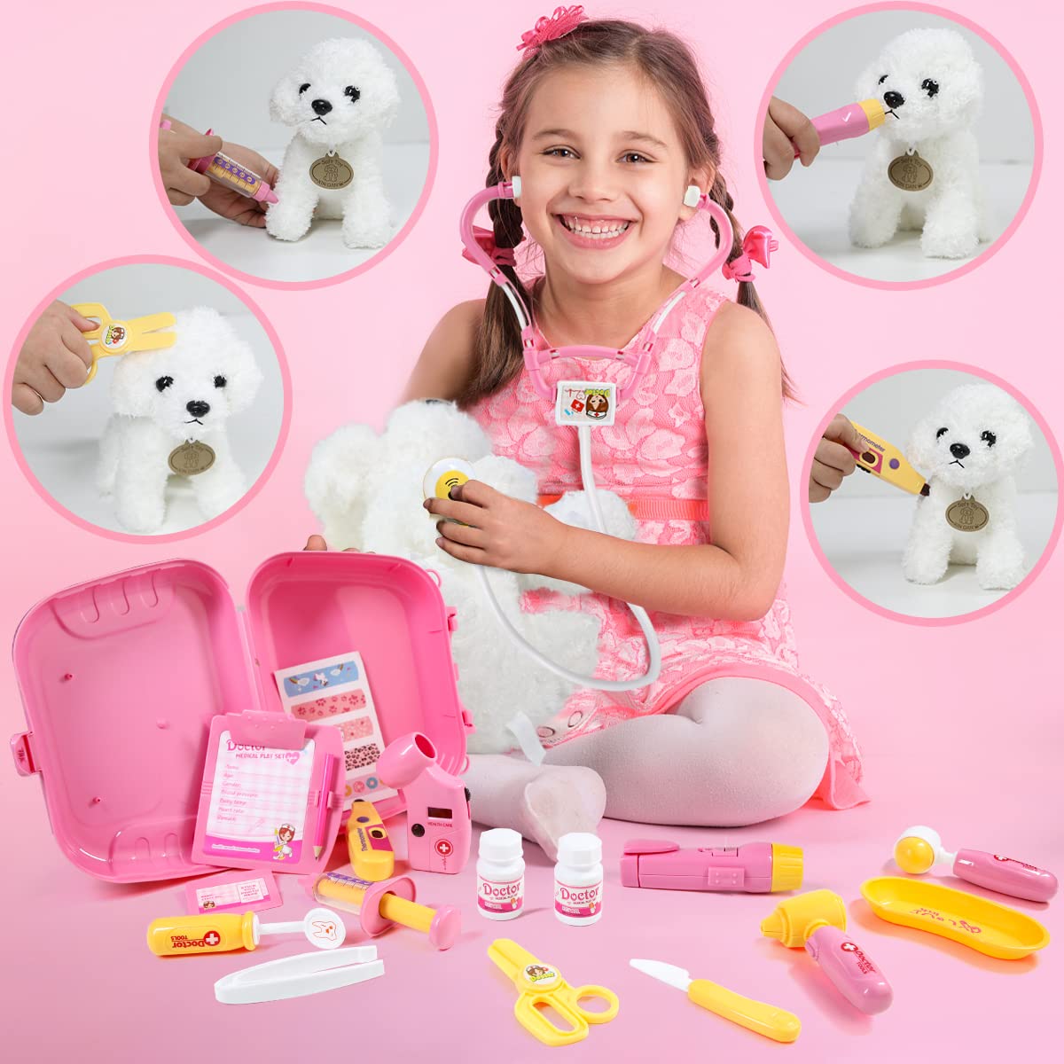 Meland Toy Doctor Kit for Girls - Pretend Play Doctor Set with Dog Toy, Carrying Bag, Stethoscope Toy & Dress Up Costume - Doctor Play Gift for Kids Toddlers Ages 3 4 5 6 Year Old for Role Play