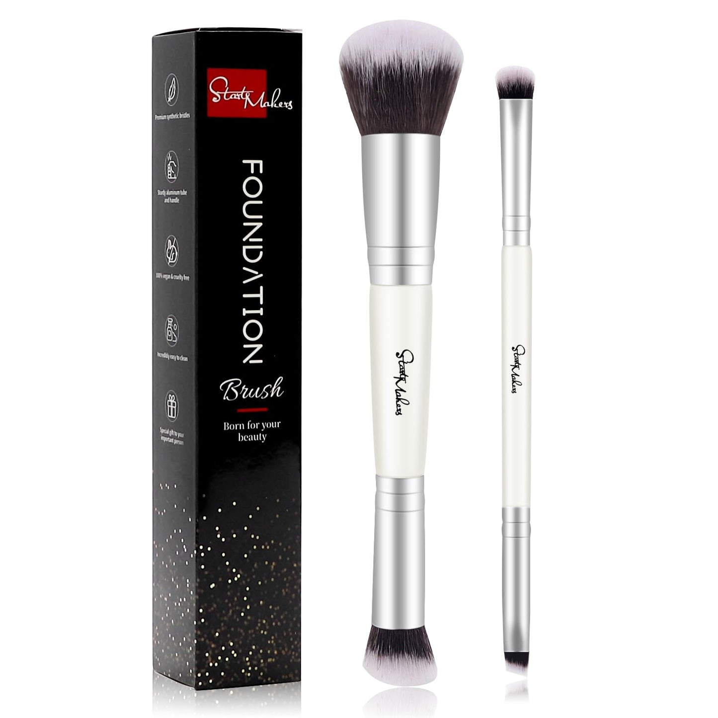 Make-up-Pinsel, Foundation-Pinsel mit zwei Enden – START MAKERS 2-in-1-Concealer-Pinsel, Gesichts-, Augenbrauen- und Lidschattenpinsel für Flüssigkeiten, Puder, Polieren, Verblenden, Konturieren, Foundation-Make-up-Pinsel (2 Stück) 