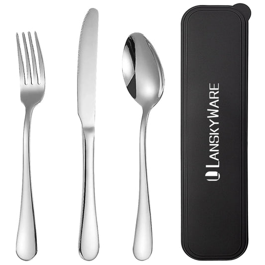 Portable Travel Utensils Set, 18/8 Stainless Steel 3 PCS Cutlery Set Including Knife Fork and Spoon, Reusable Travel Silverware Set with Case for Lunch Box Camping School Office