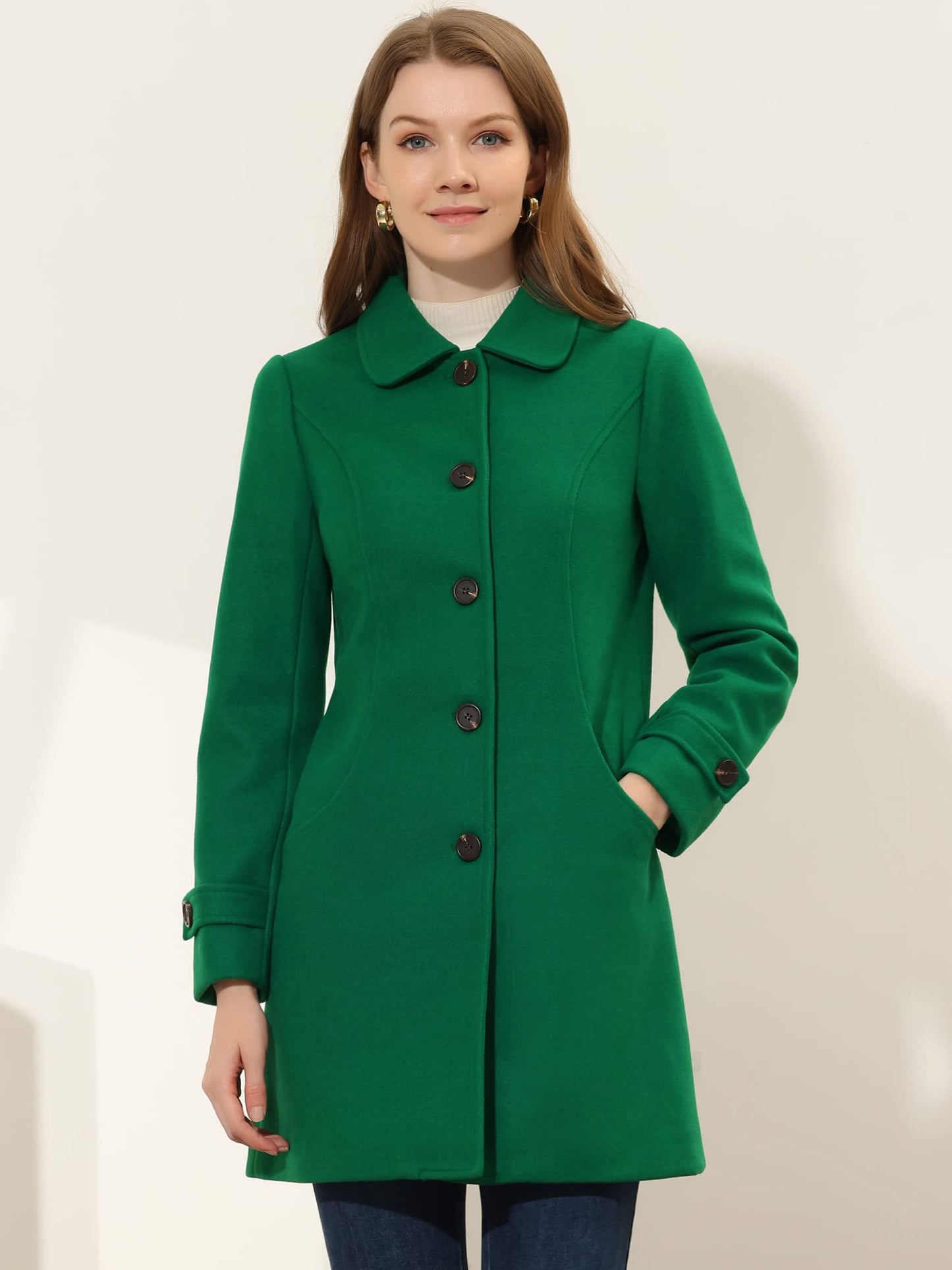 Allegra K Damen Winter Oberbekleidung Mantel Peter Pan Kragen Mitte Oberschenkel A-Linie Einreihig Pea Coat