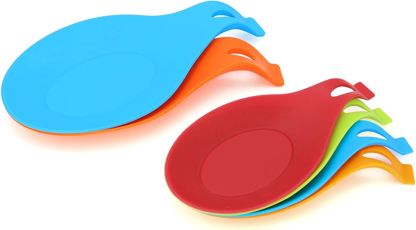 Lot de 6 repose-cuillères en silicone résistant à la chaleur pour ustensiles de cuisine, louche, cuillère, support de spatule coloré (2 grandes et 4 petites tailles) 