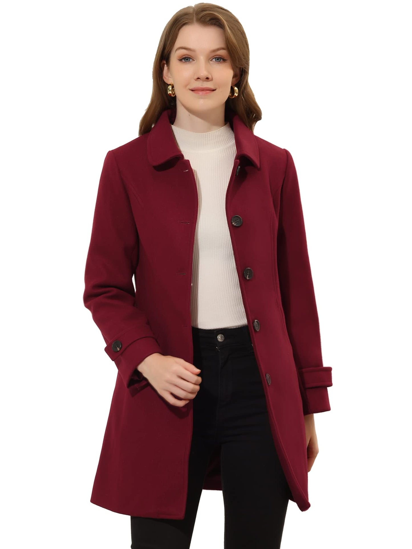 Allegra K Damen Winter Oberbekleidung Mantel Peter Pan Kragen Mitte Oberschenkel A-Linie Einreihig Pea Coat