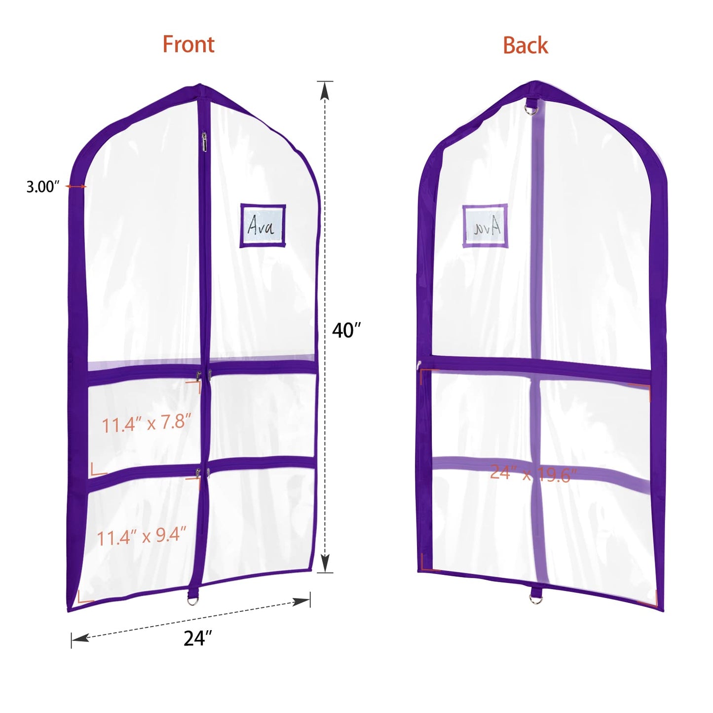 Univivi Clear PVC Dance Costume Bags (3 Pack) Garment Bag 40 Inch for Dance Competitions, with 4 Medium Clear Zipper Pockets and 1 Large Back Zippered Pocket [Upgraded Version]