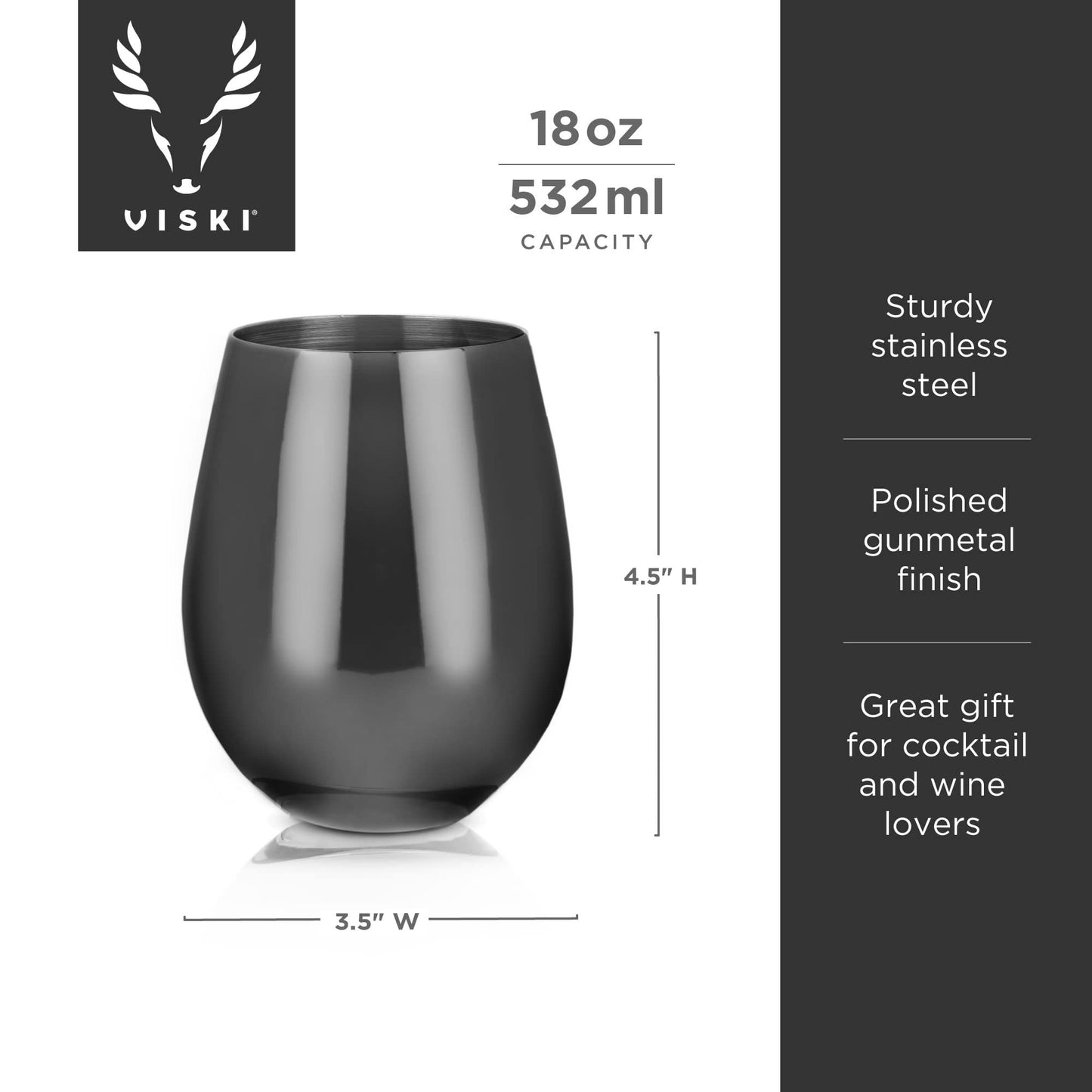 Viski Gold Wine Glasses, Stemless Wine Glass Set, Stainless Steel with Gold Finish, 18 Ounces, Set of 2, Gold