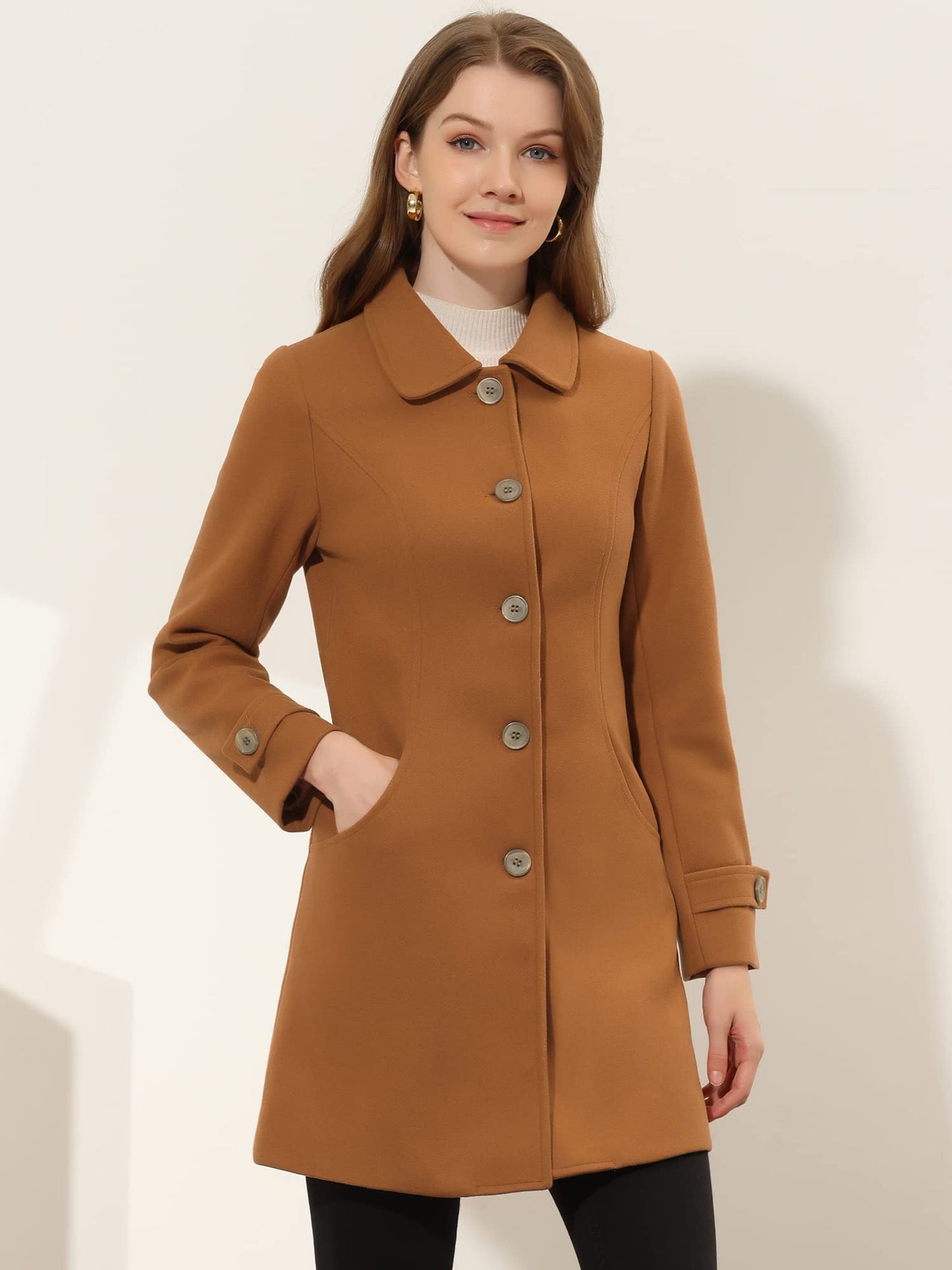 Allegra K Damen Winter Oberbekleidung Mantel Peter Pan Kragen Mitte Oberschenkel A-Linie Einreihig Pea Coat