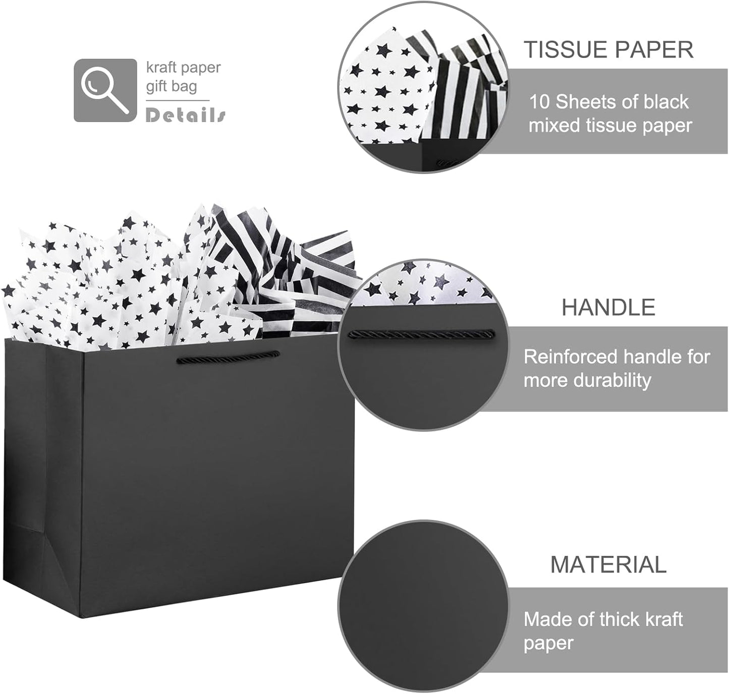 OfficeCastle 4 Pack Large Black Gift Bags, Large Gift Bags with Silver Tissue Paper, Gift Bags for Small Business, 14x5x10in/35x13x26 cm, Black Paper Bags with Handles