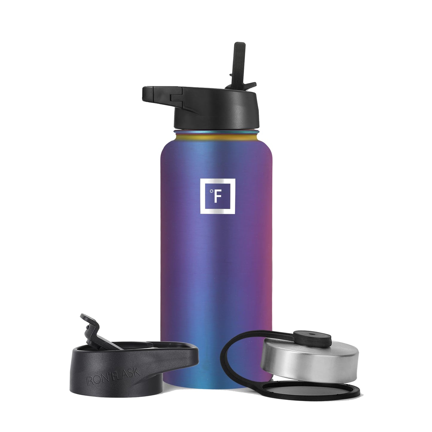 Bouteille d'hydratation de camping et de randonnée IRON °FLASK avec 3 couvercles - Bouteille d'eau en acier inoxydable, à double paroi et isolée sous vide - Anti-fuite et sans BPA (Dark Night, Straw - 32 oz) 