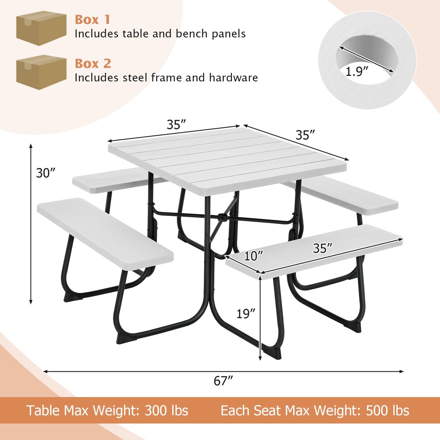 Giantex Picnic Table Set for 4-8 Persons, Outdoor Table and Bench Set with Umbrella Hole, HDPE Top & Metal Frame, 500LBS Capacity, Square Patio Table Bench Set for Deck Backyard Garden (White)