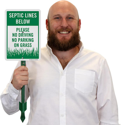 SmartSign Septic Lines Below Yard Sign, 10 x 7 in Aluminum Lawn Sign with 18 in Stake, Green & White