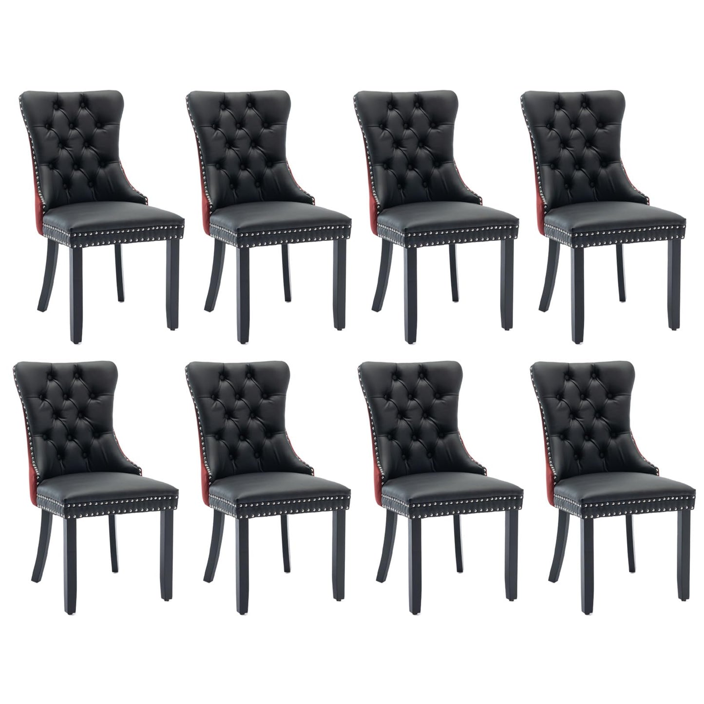 SoarFlash Leather Dining Chairs Set of 8, Tall Back Side Chair, Modern Upholstered Side Chair with Button Back Ring, Solid Wood Legs (Black&Grey)