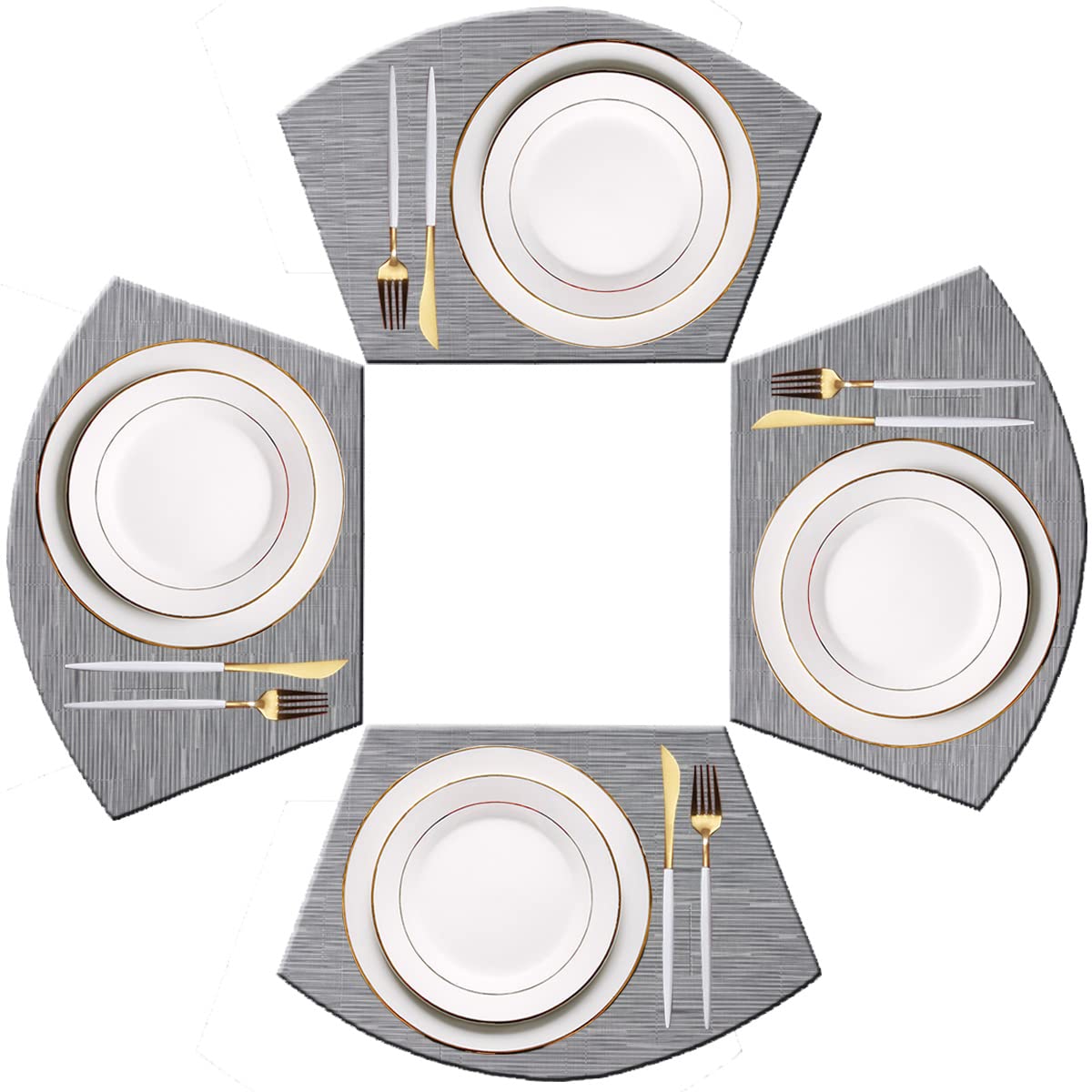 PIGCHCY Wedge Shaped Placemats for Dining Table Cross-Weave Washable Vinyl Placemat Heat Resistant Round Table Mats Set of 4 (Silver Grey)