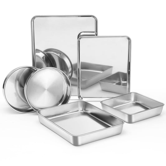E-far Stainless Steel Baking Pan Set, 6-Piece Metal Bakeware Sets Include Cookie Sheet, Round Square Rectangle Cake Pans, Non-toxic & Dishwasher Safe