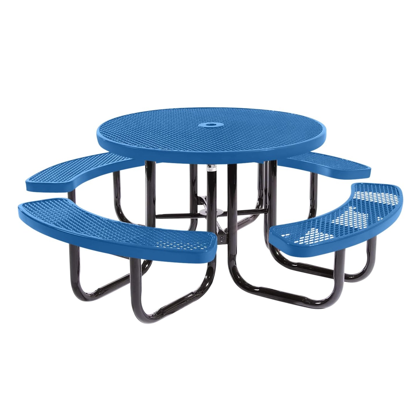 Coated Outdoor Furniture Heavy-Duty Portable Outdoor Picnic Table with Umbrella Hole, Expanded Metal Commercial-Grade Patio Dining Furniture Made in America (46" Round Top, Light Blue)