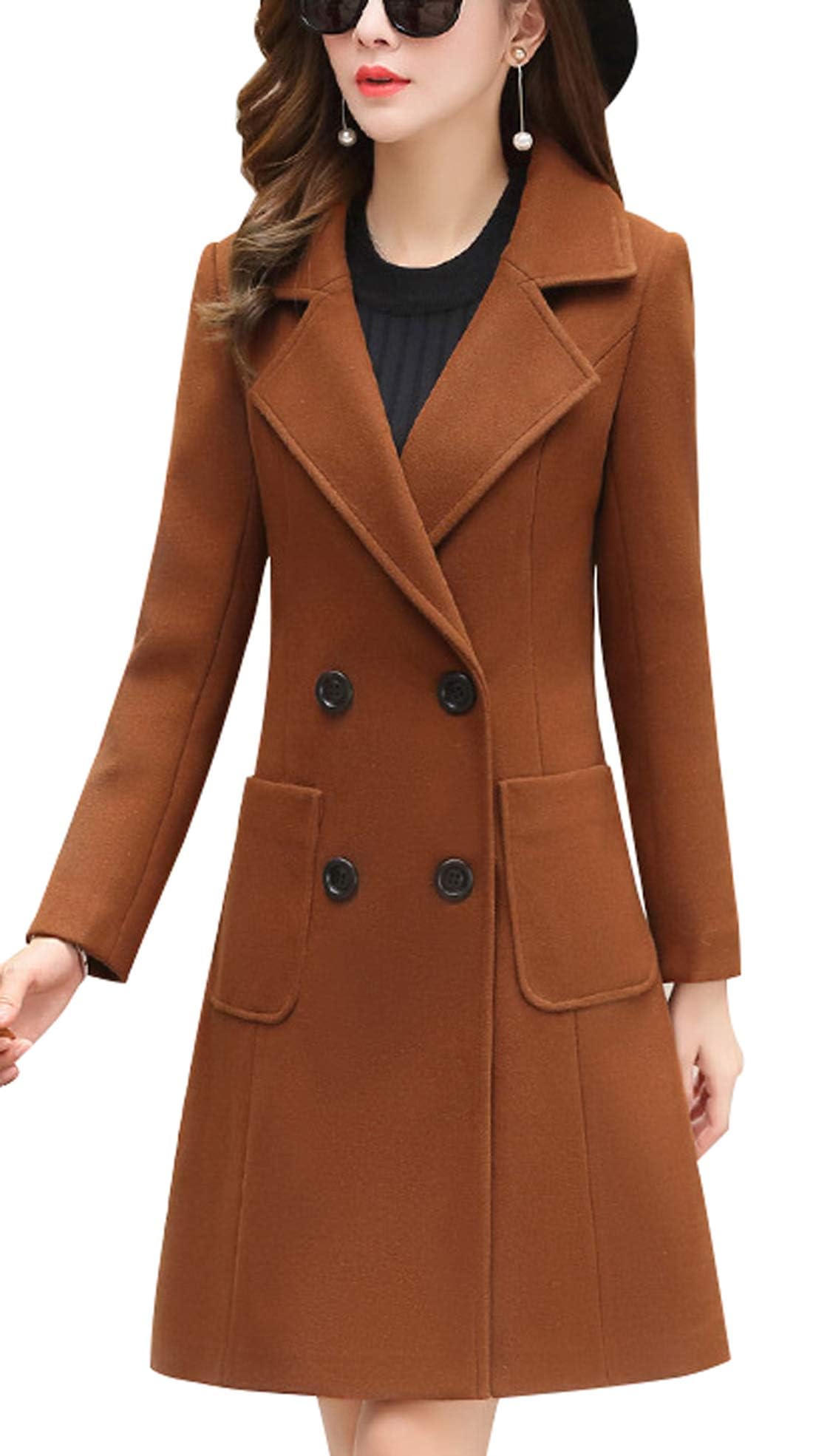 chouyatou Women Elegant Notched Collar Double Breasted Wool Blend Over Coat