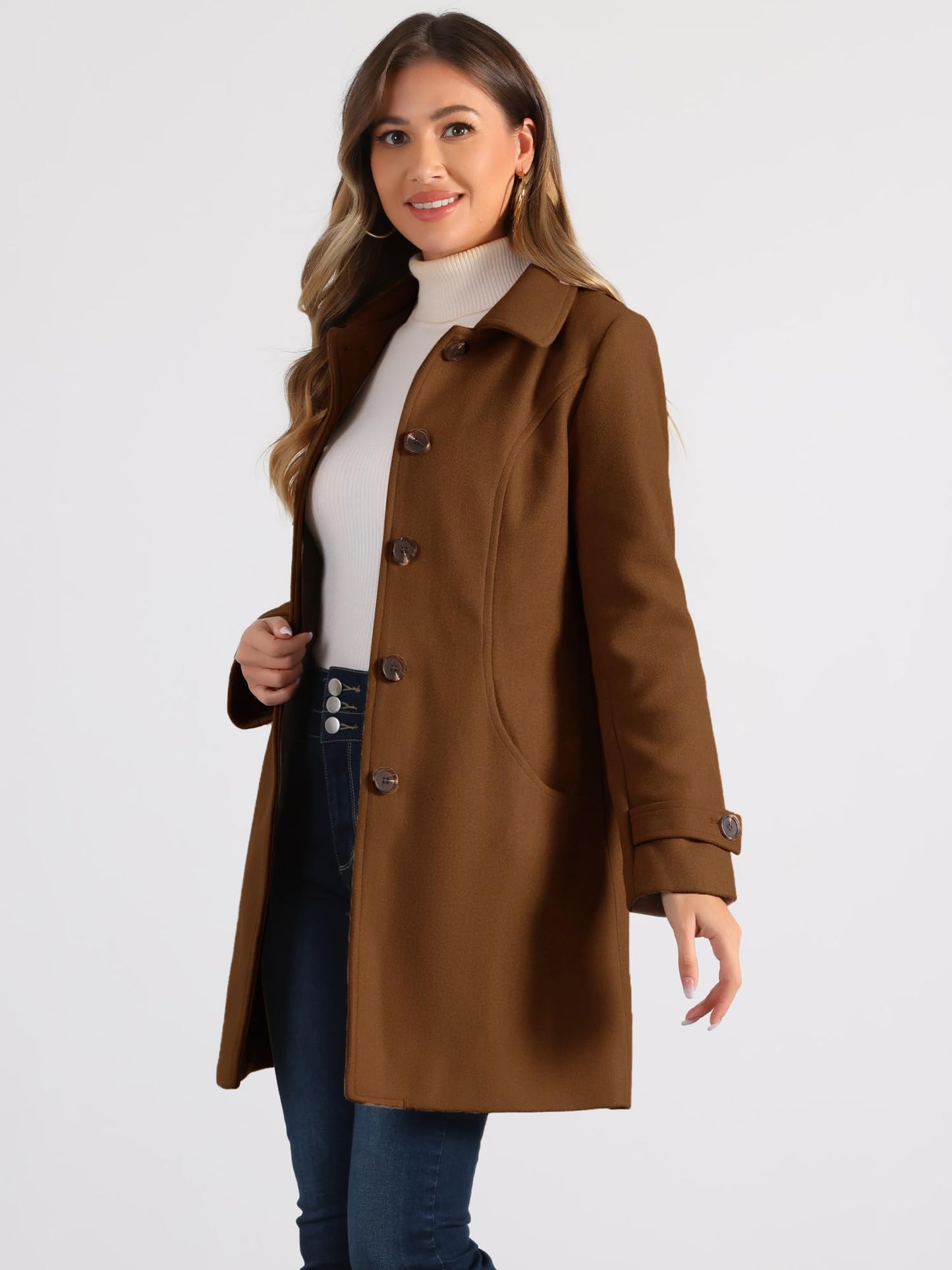 Allegra K Damen Winter Oberbekleidung Mantel Peter Pan Kragen Mitte Oberschenkel A-Linie Einreihig Pea Coat