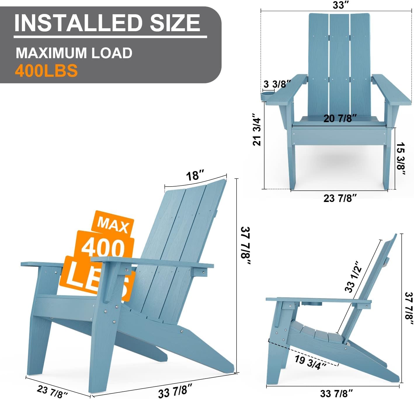 MXIMU Moderne Adirondack-Stühle, 4er-Set, wetterbeständig, mit Getränkehalter, übergroße Feuerstellenstühle aus Kunststoff, Kunststoff-Außenstühle für den Sitzbereich an der Feuerstelle (schwarz) 