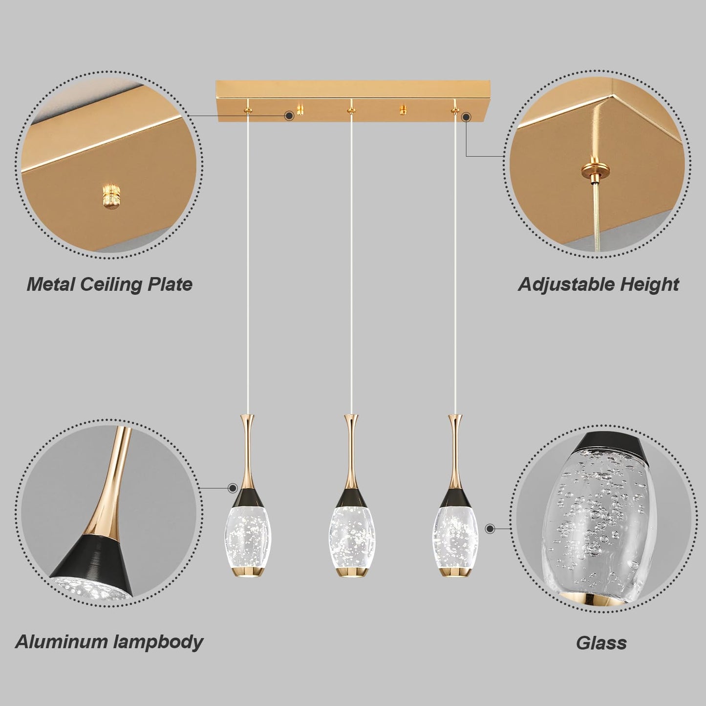 Modern Black Gold Pendant Light Dimmable LED Ceiling Light Fixtures Mini Teardrop Crystal Pendant Lighting for Kitchen Island Bedroom Hallway Entryway (3-Pack)