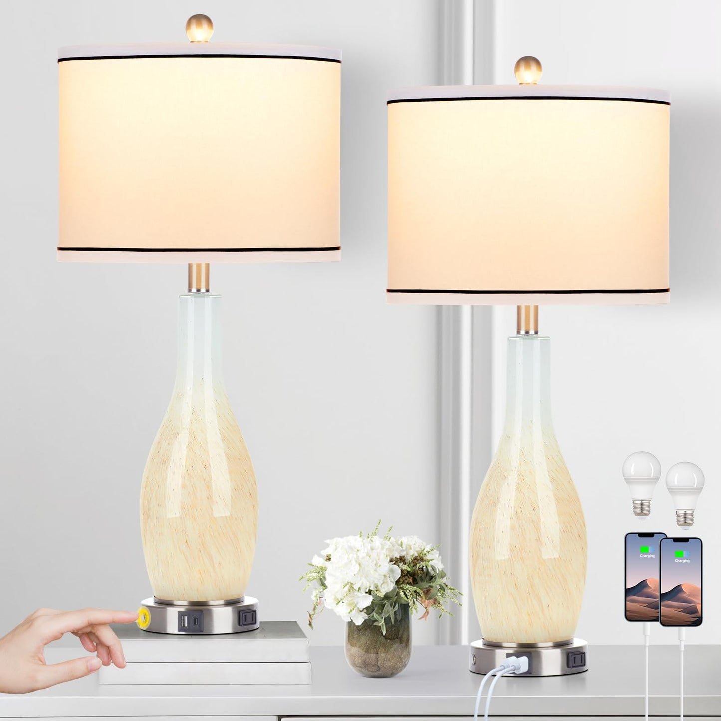 27-Zoll-Tischlampen aus Glas, 2er-Set mit Nachtlicht, moderne Nachttischlampen mit 3-Wege-Touch-Steuerung, USB-A+C-Anschlüssen und AC-Steckdose, gelbe Nachttischlampen im Boho-Stil für das Wohnzimmer im Schlafzimmer 