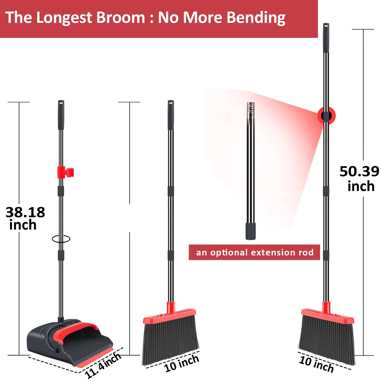 kelamayi Broom and Dustpan Set for Home, Stand Up Broom and Dustpan Combo for Office, Indoor&Outdoor Sweeping (Black&Red)