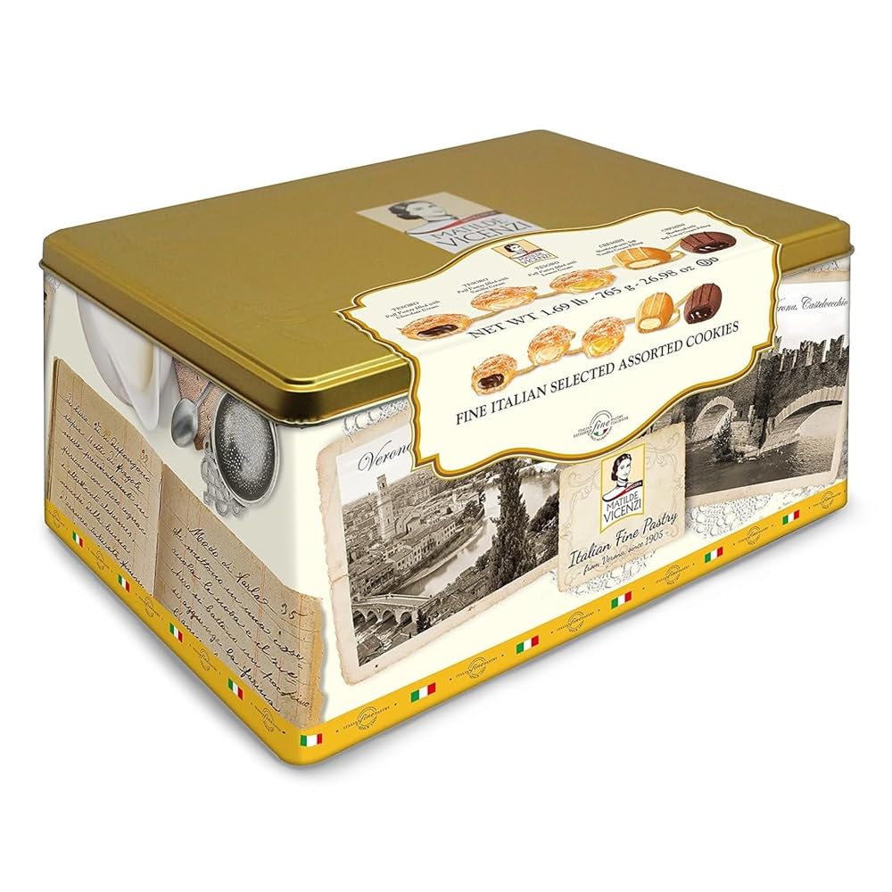 Matilde Vicenzi Roma Cookie Tin - Italian Pastries & Bakery Cookies in Individually Wrapped Trays - Bakery Dessert Gifts - Puff Pastry, Assorted Cookies in Italian Design Gift Tin 32oz (907g)