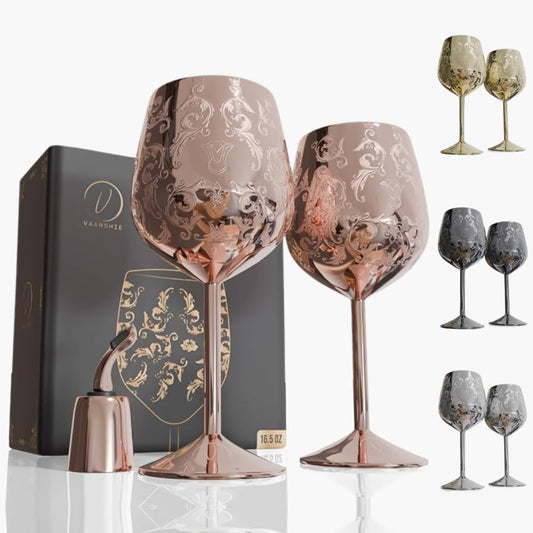 17oz Stainless Steel Wine Glasses [Set of 2]–Rose Gold Royal Goblets with Intricate Baroque Engravings, Unbreakable and Shatterproof Wine Cups with Bottle Stopper for Travel