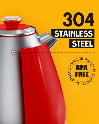 Hazel Quinn Retro Electric Kettle - 1.7 Liters / 57.5 Ounces Tea Kettle with Thermometer, All Stainless Steel, 1200 Watts Fast Boiling, BPA-free, Cordless, Automatic Shut Off.