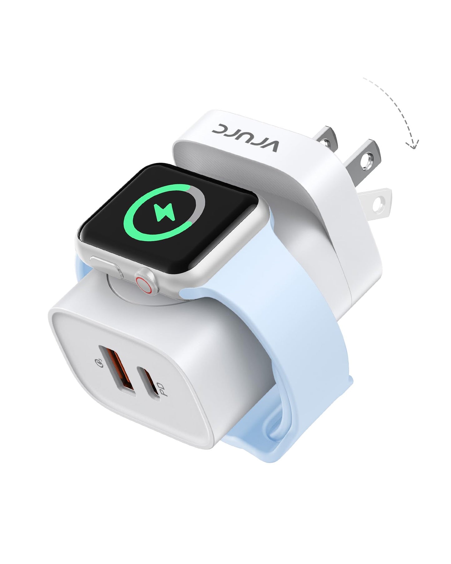 VRURC für Apple Watch-Ladegerät, PD 20 W 3-in-1-Schnellladeblock mit magnetischem kabellosem Laden und zwei Anschlüssen, faltbarer Stecker USB C-Wandladegerät für iPhone 15 14 13, Android, Tablets usw. - Schwarz 