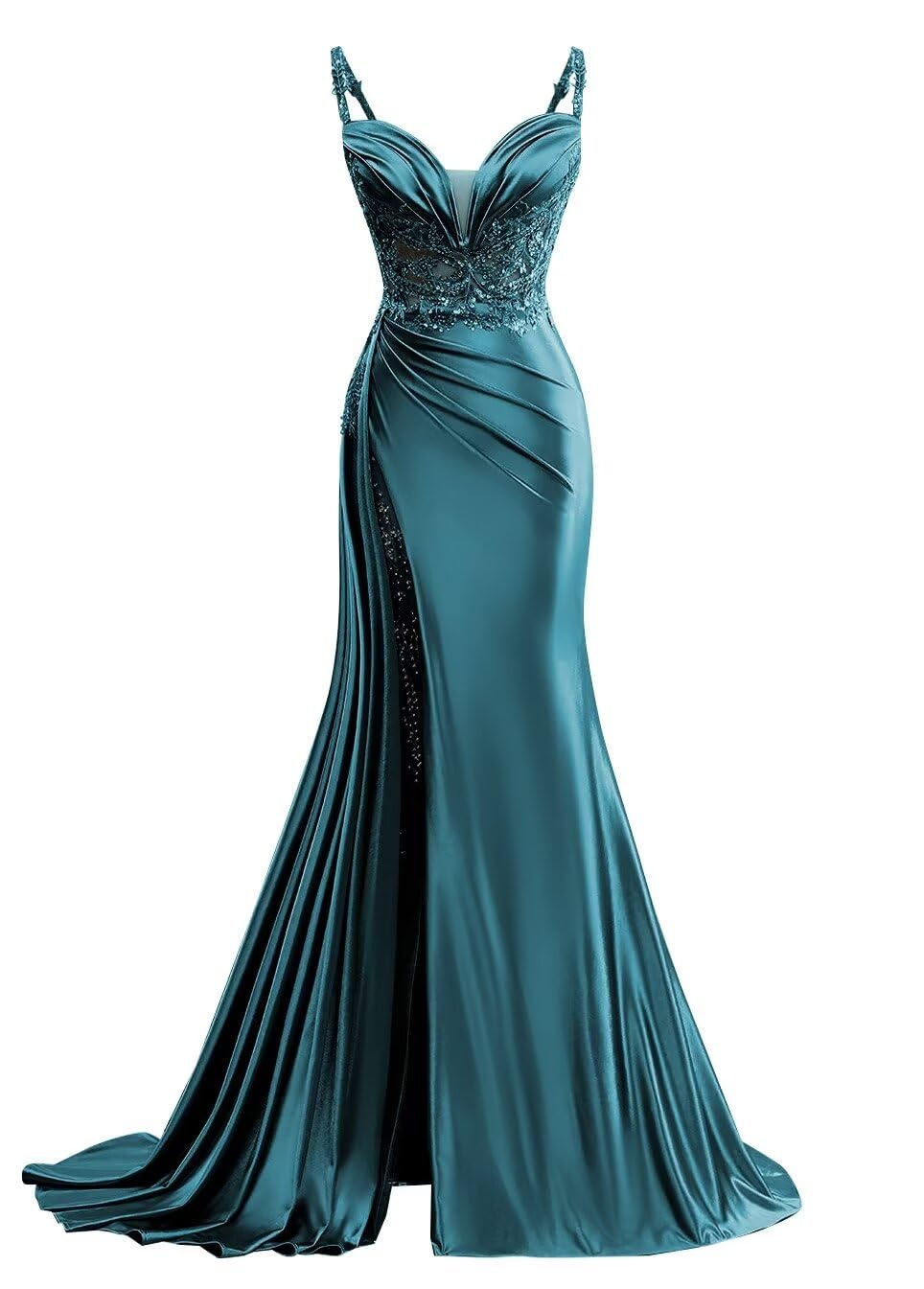 V Neck Satin Prom Dresses Long Mermaid Lace Evening Gown with Slit Pleated Bodycon Formal Dress with Tail