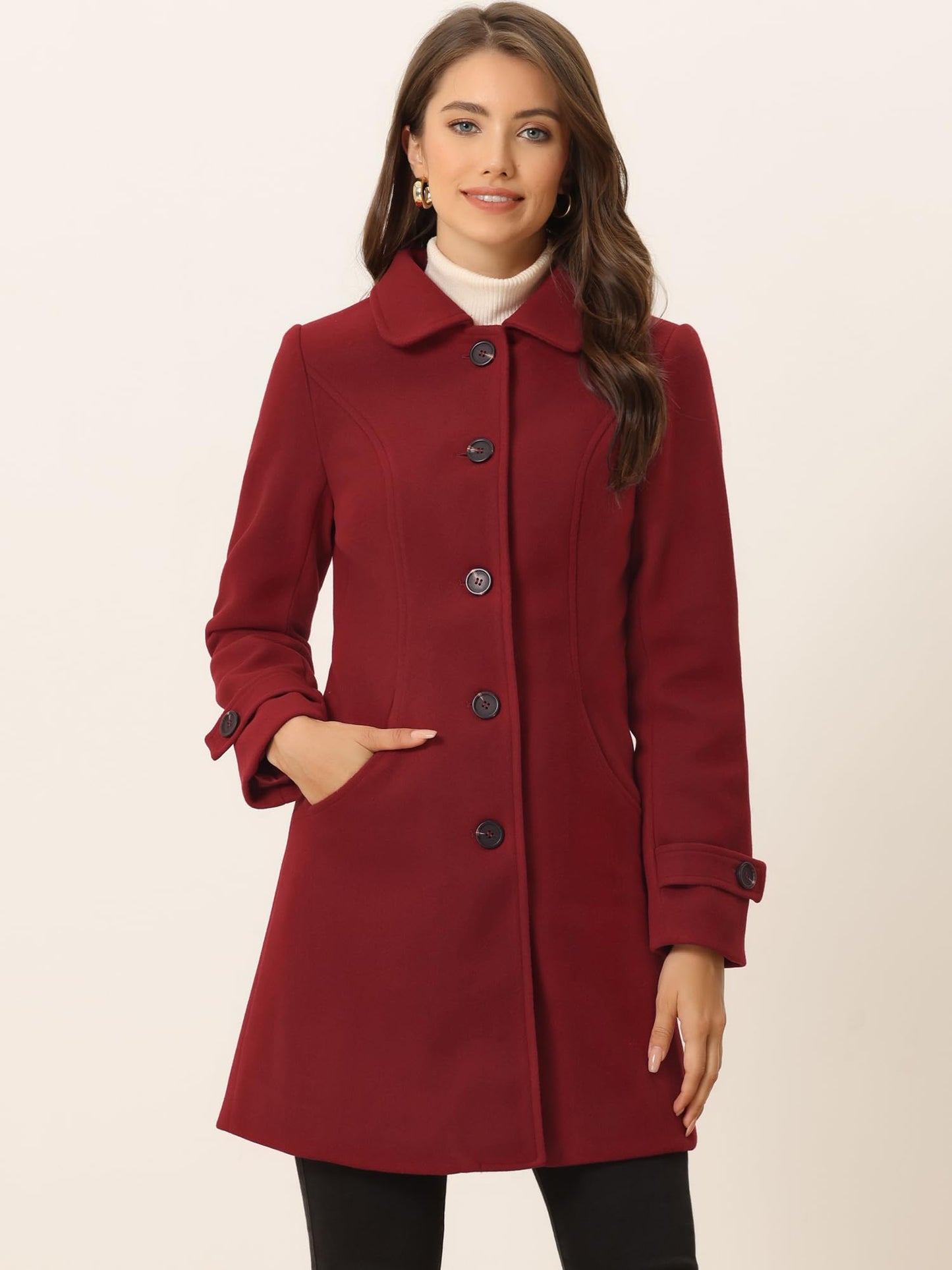 Allegra K Damen Winter Oberbekleidung Mantel Peter Pan Kragen Mitte Oberschenkel A-Linie Einreihig Pea Coat