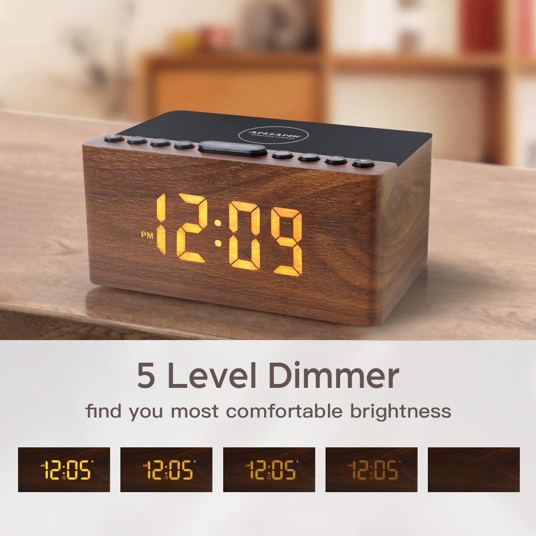 Digital Alarm Clock with FM Radio & Wireless Charging – Qi-Certified, LED Display, USB Port, Sleep Timer