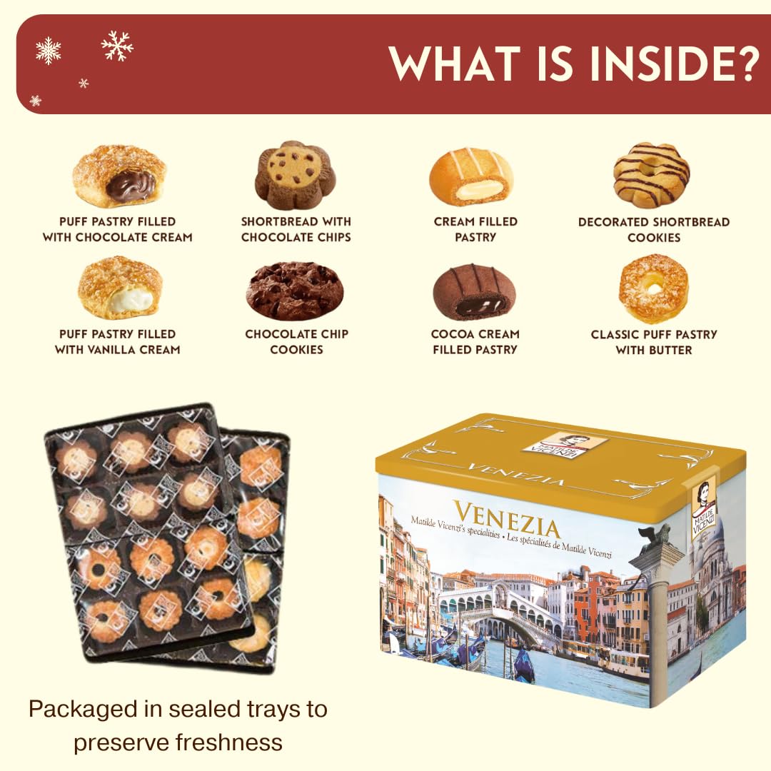 Matilde Vicenzi Roma Cookie Tin - Italian Pastries & Bakery Cookies in Individually Wrapped Trays - Bakery Dessert Gifts - Puff Pastry, Assorted Cookies in Italian Design Gift Tin 32oz (907g)