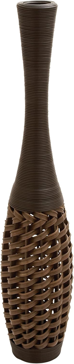 Deco 79 Faux Seagrass Decorative Vase Tall Woven Floor Centerpiece Vase with Dark Brown Wrapped Neck, Vase for Home Decoration 12" x 12" x 48", Brown